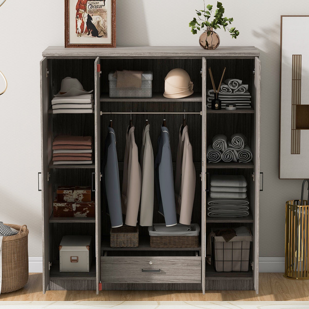 4-Door Mirror Wardrobe with Shelves for Organized Storage In Gray