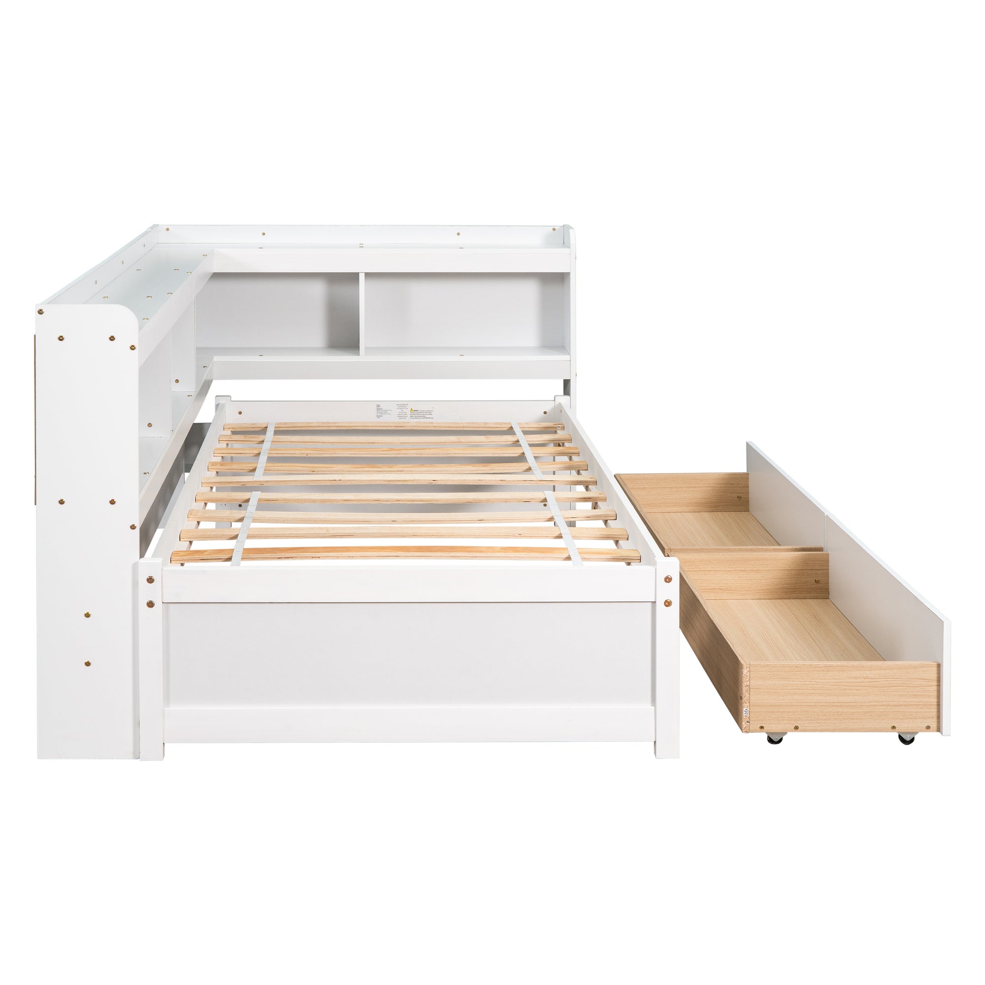 White Twin Bed with L-Shaped Bookcases and Storage Drawers