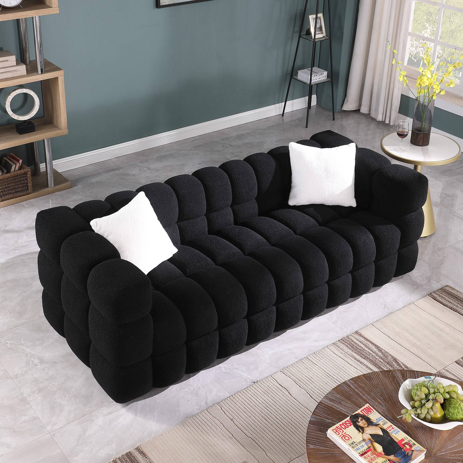 Black Boucle 5-Seater Marshmallow Loveseat Sofa