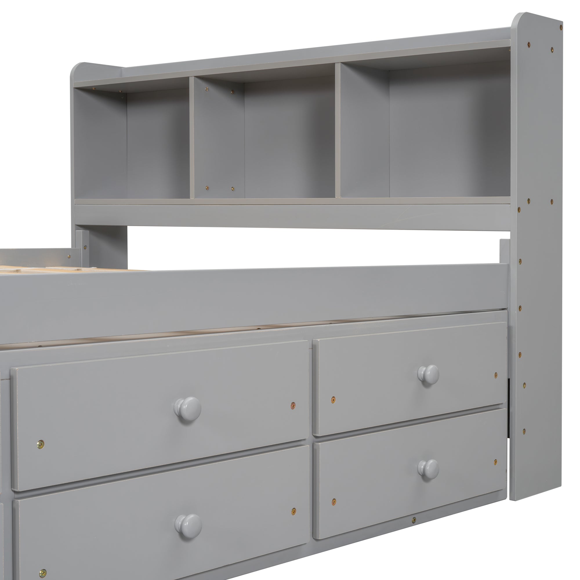 Gray Full Bed with Bookcase Headboard, Storage Drawers, and Bed-End Storage Case