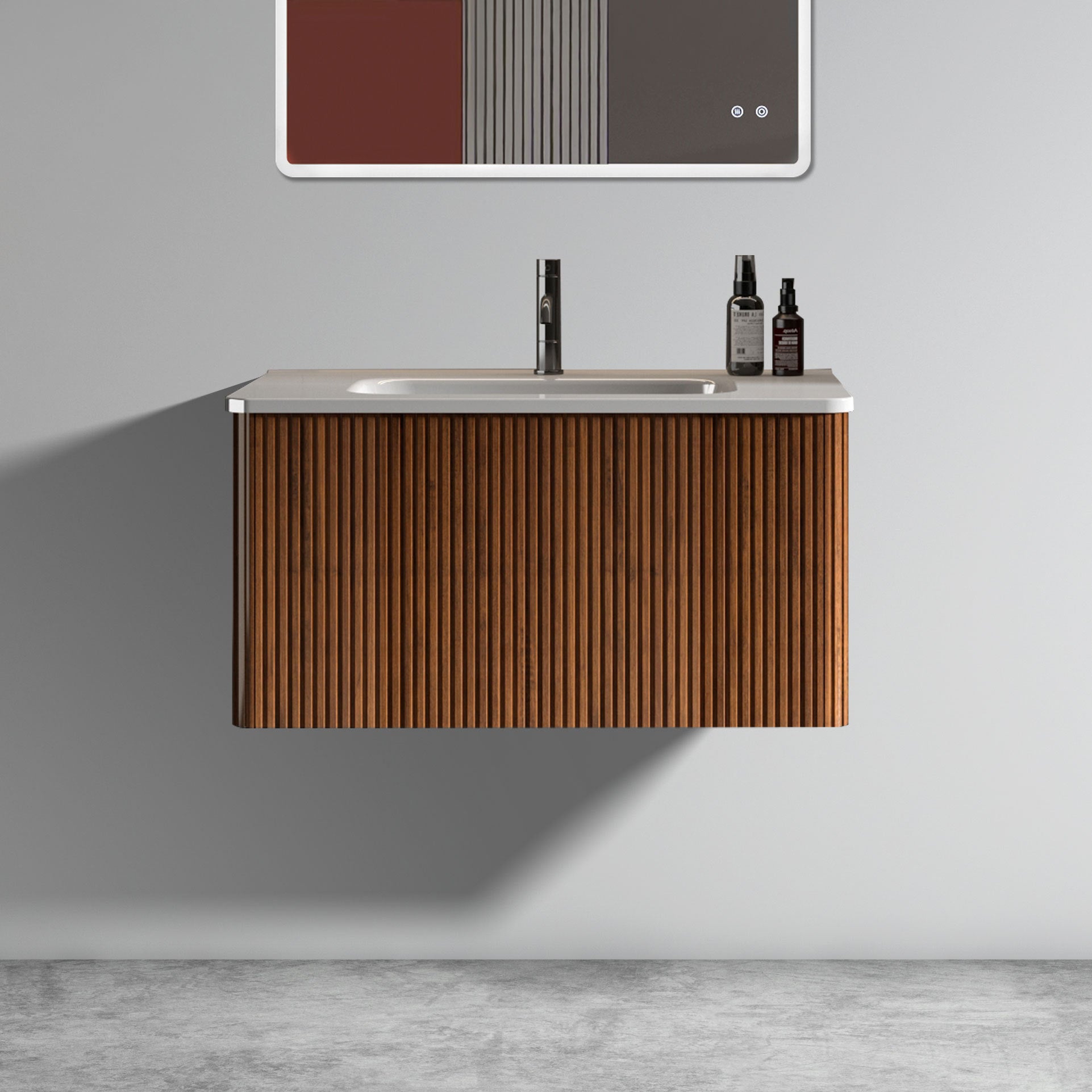 30 Inch Striped Walnut Bathroom Vanity with Integrated White Ceramic Sink Wall Mounted Design In White and Walnut