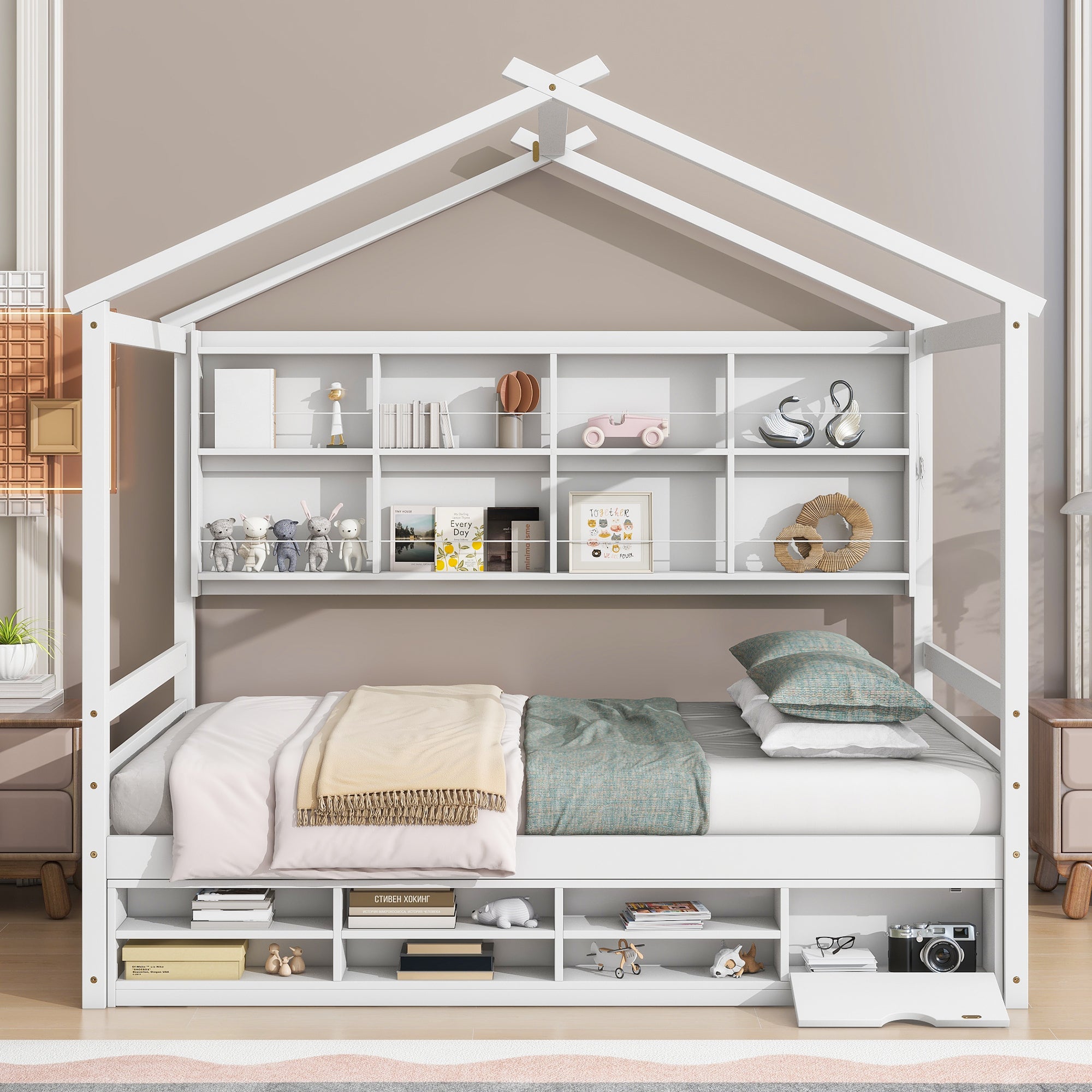 Full Sized Bed with Roof Frame, Bedside Shelves, and Under-Bed Storage Unit