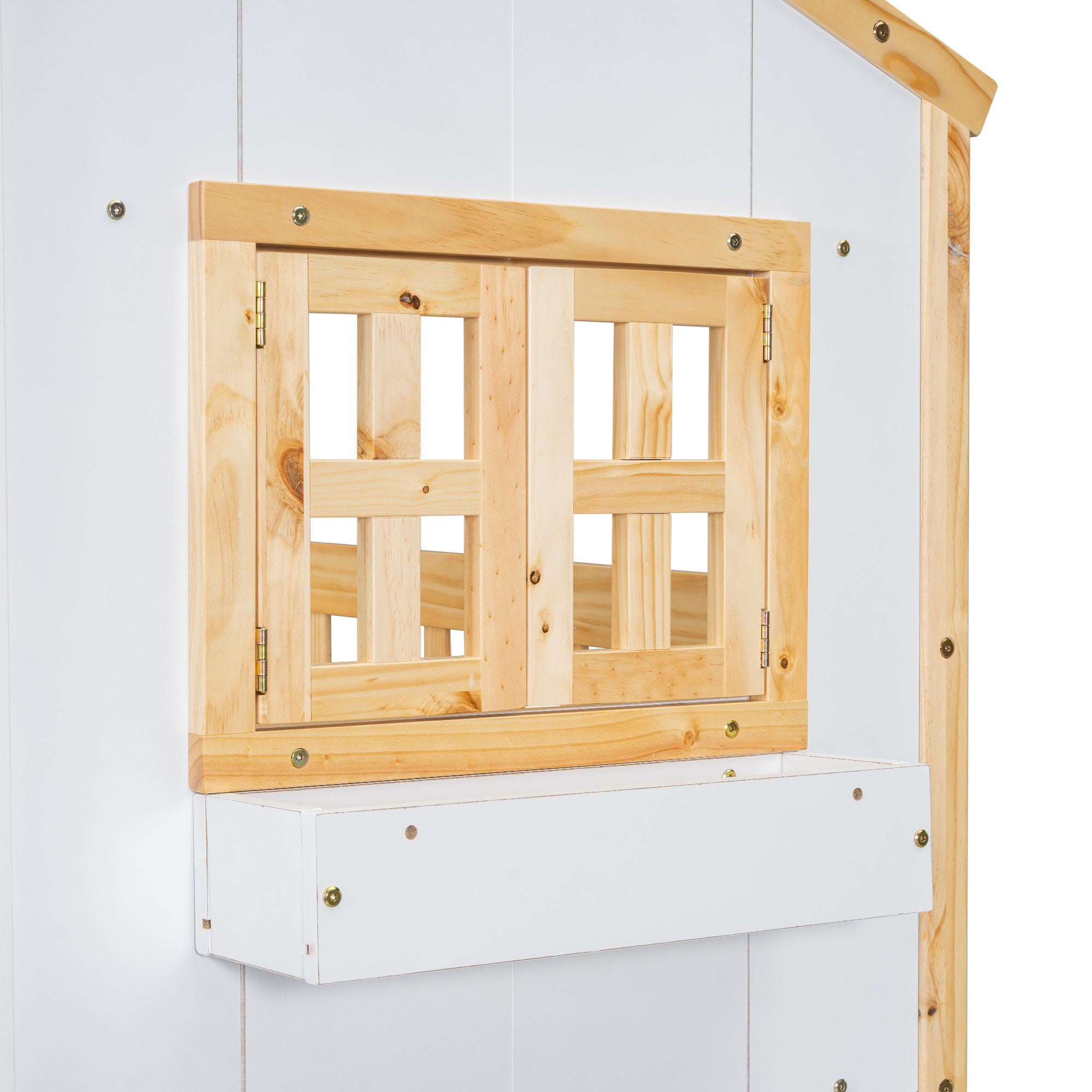 Twin Over Twin House Bunk Bed with Roof, Window, and Door in Natural and White Tones