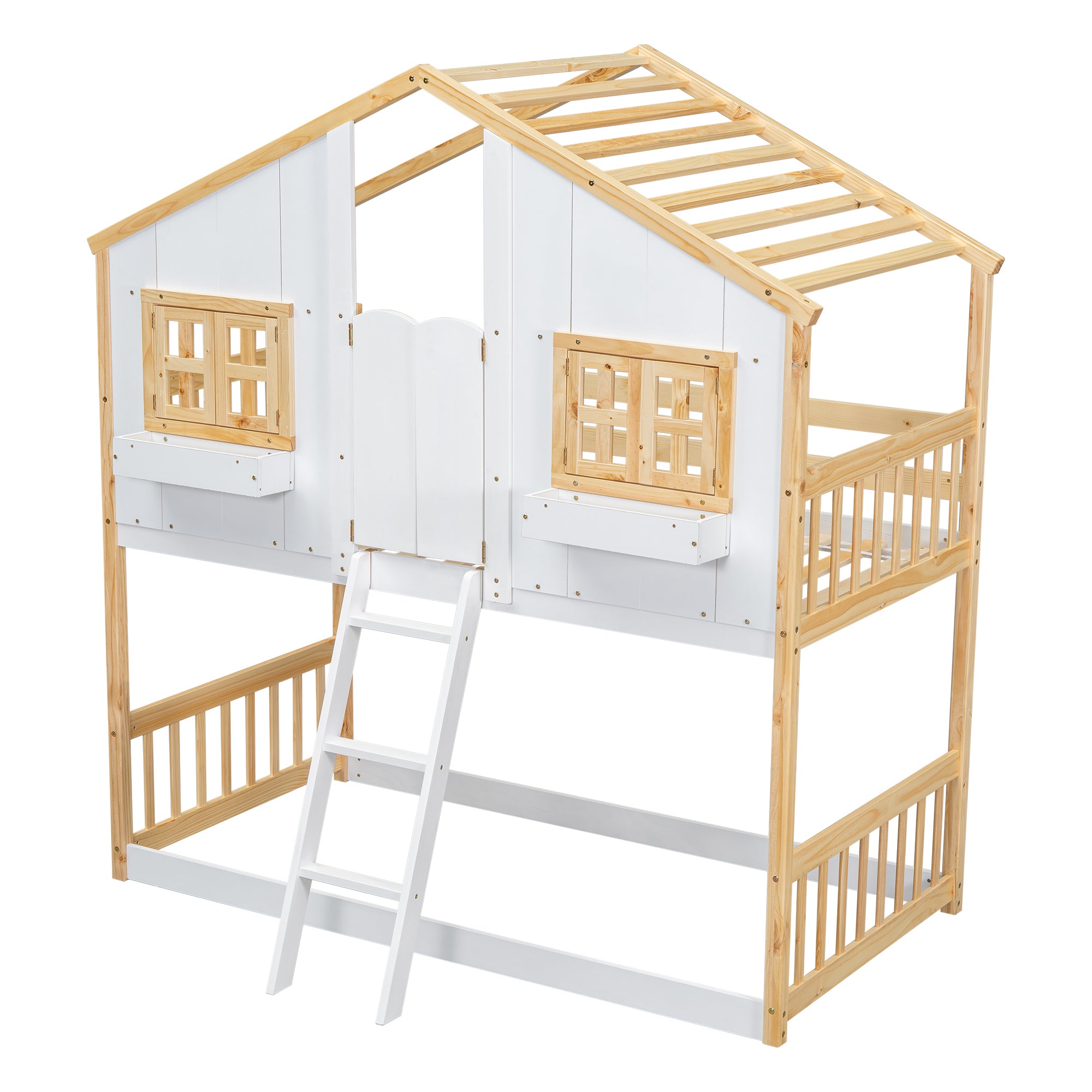 Twin Over Twin House Bunk Bed with Roof, Window, and Door in Natural and White Tones