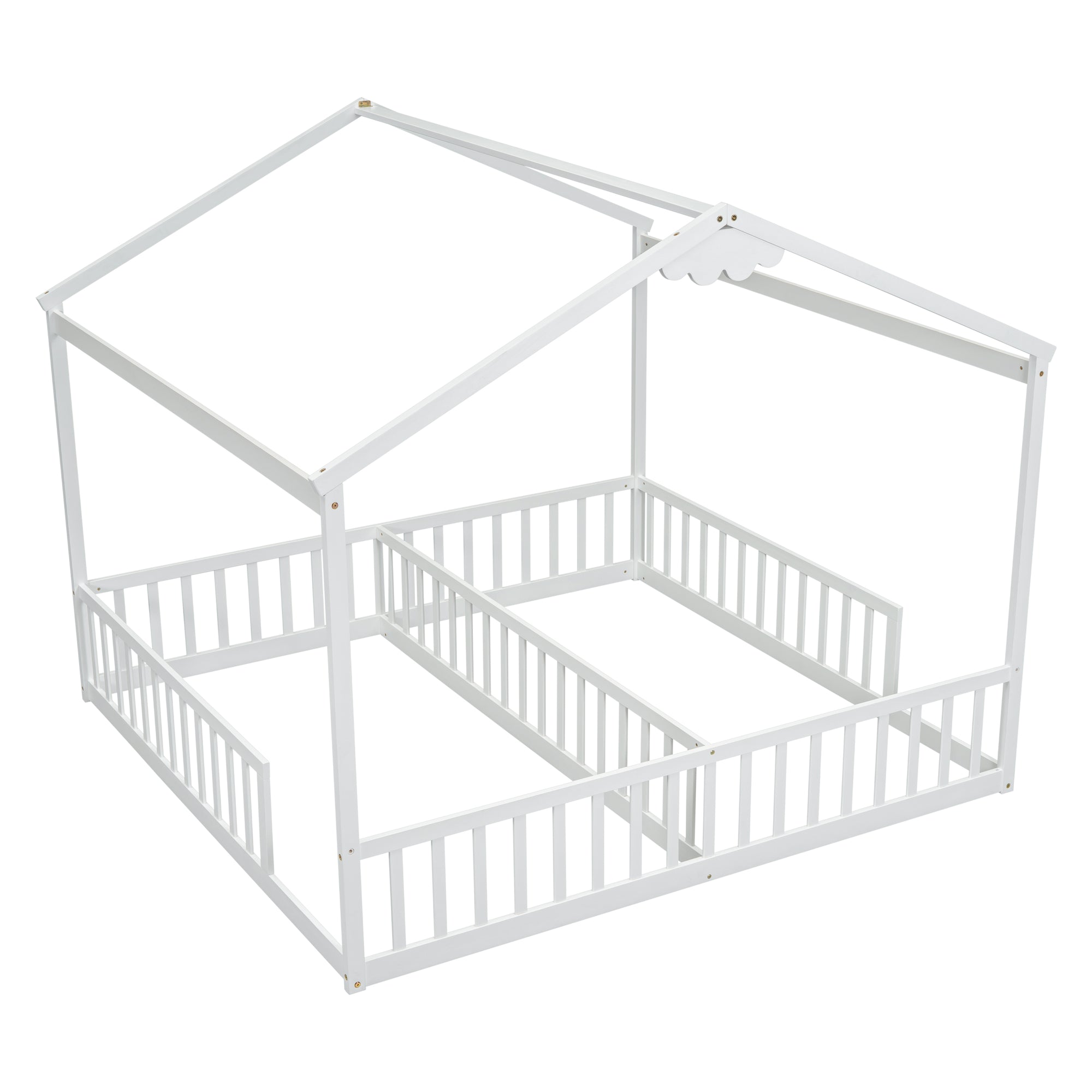 White Double Twin House-Style Toddler Floor Bed with Fence & Guardrails