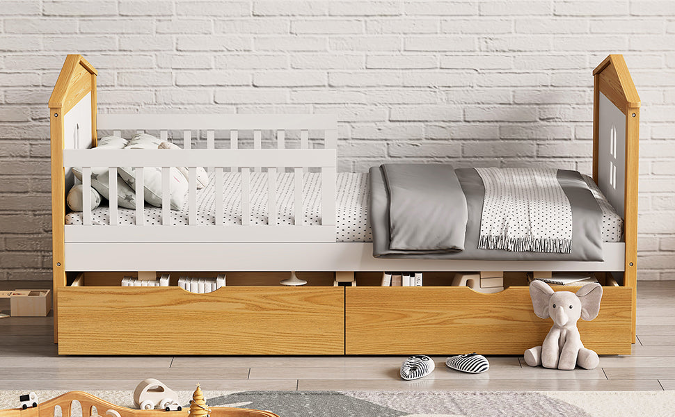 Twin Safety Bed For Toddlers with Fence Guardrails & Storage Drawers