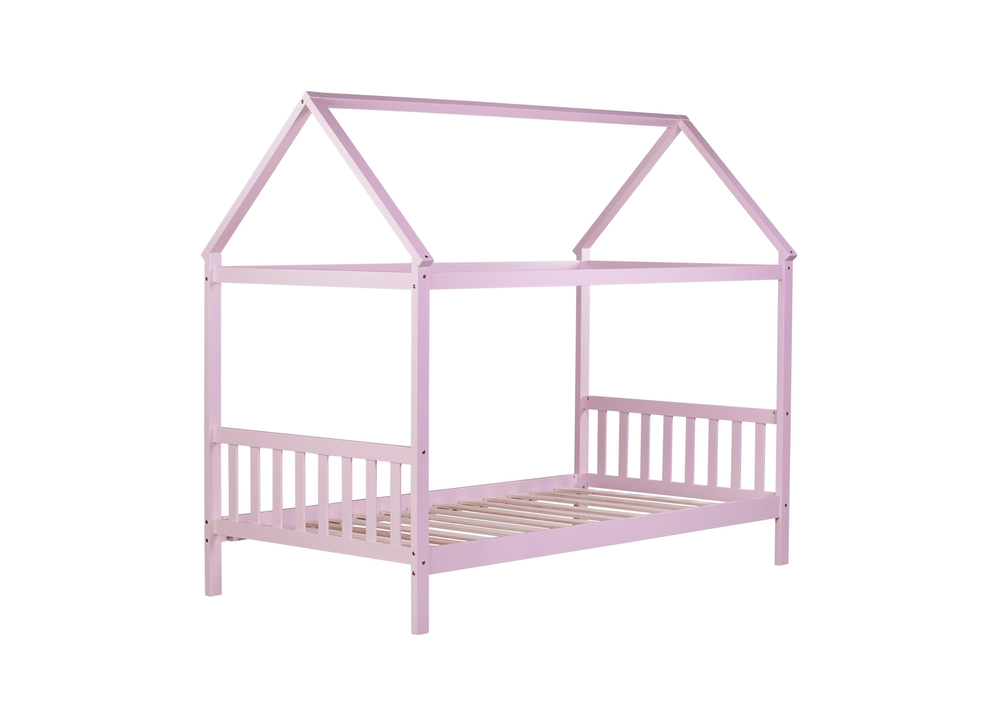 Pink Twin Rubber Wood House Bed with Headboard and Footboard