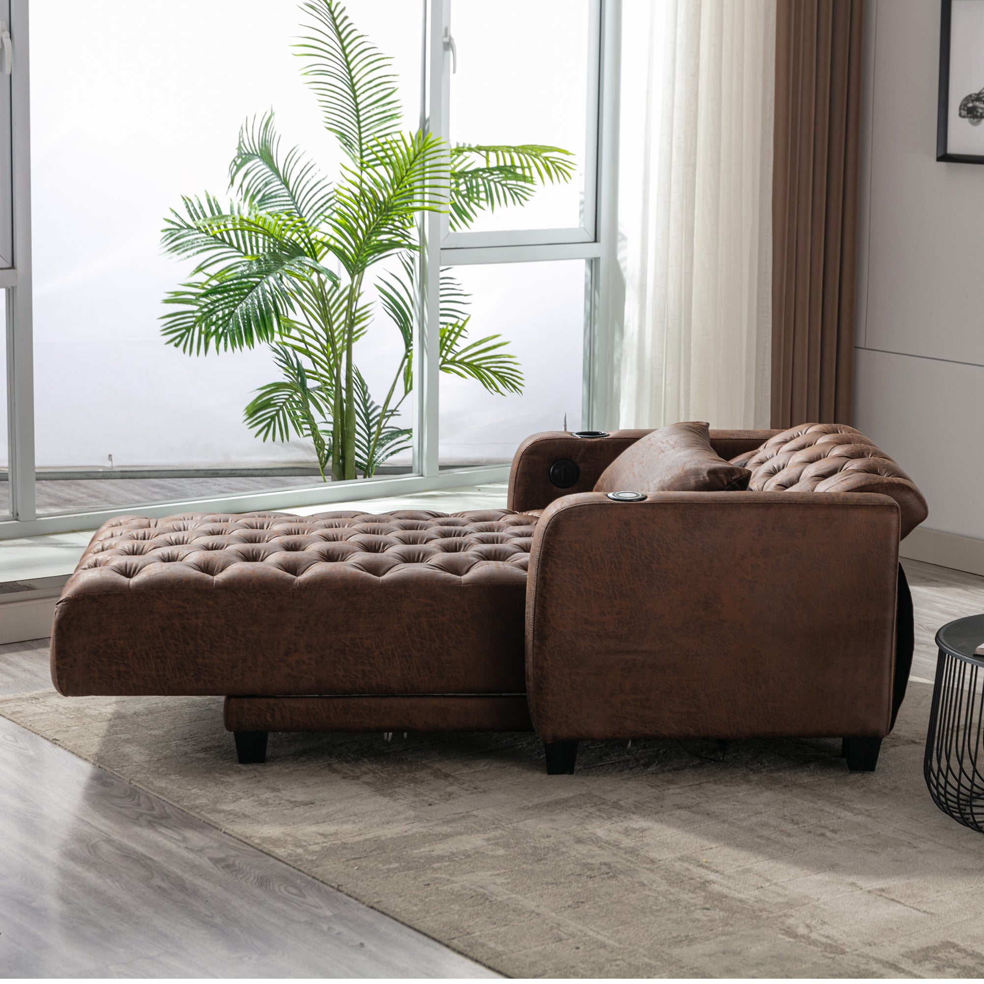 Reclining Tufted Chaise Lounge with Lumbar Pillow and Wireless Phone Charging in Brown