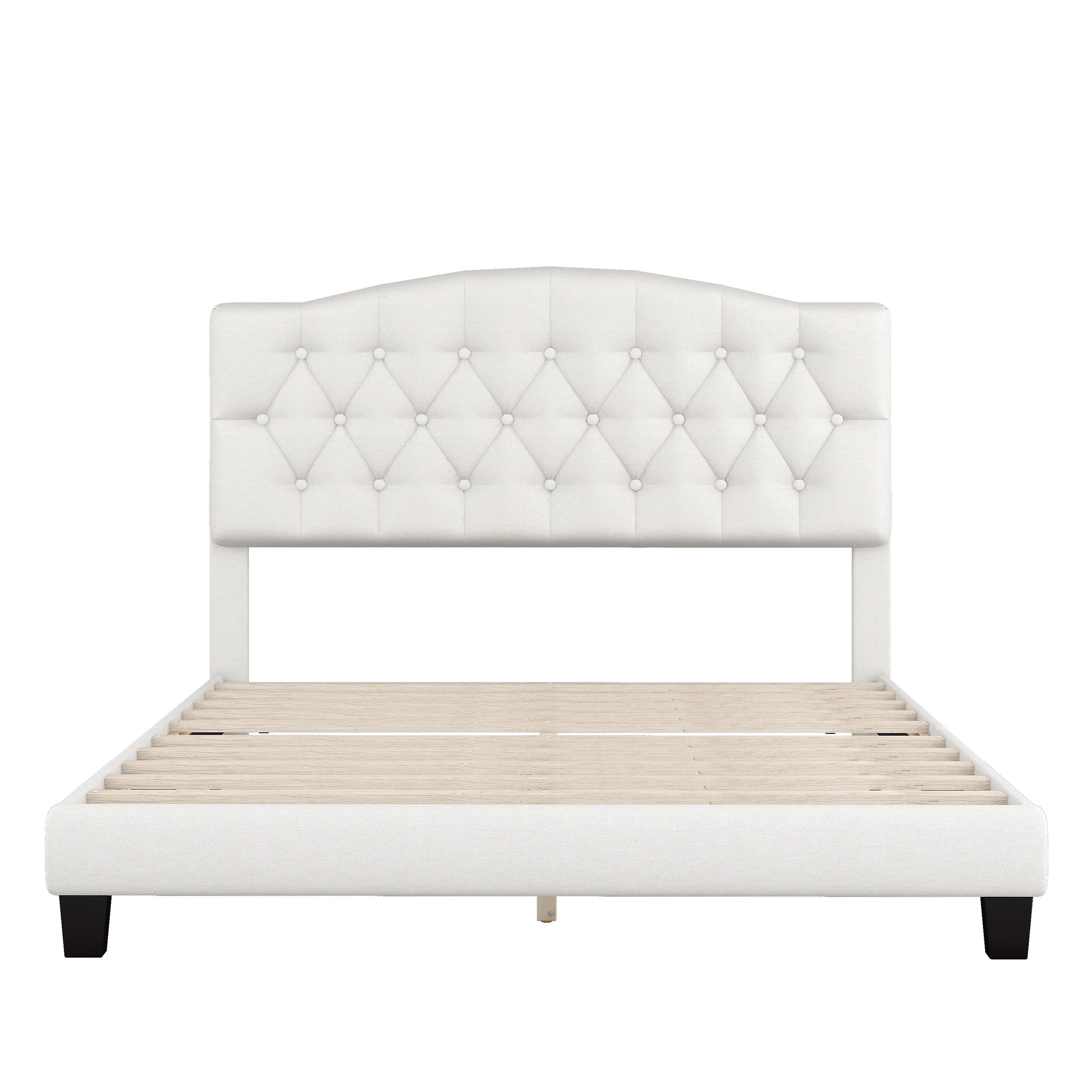 Beige Queen Size Upholstered Platform Bed with Diamond-Tufted Headboard