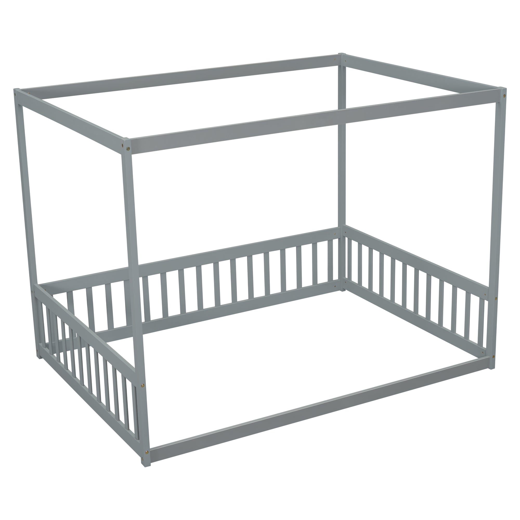 Full Size Canopy Frame Floor Bed with Fence and Guardrails in Gray