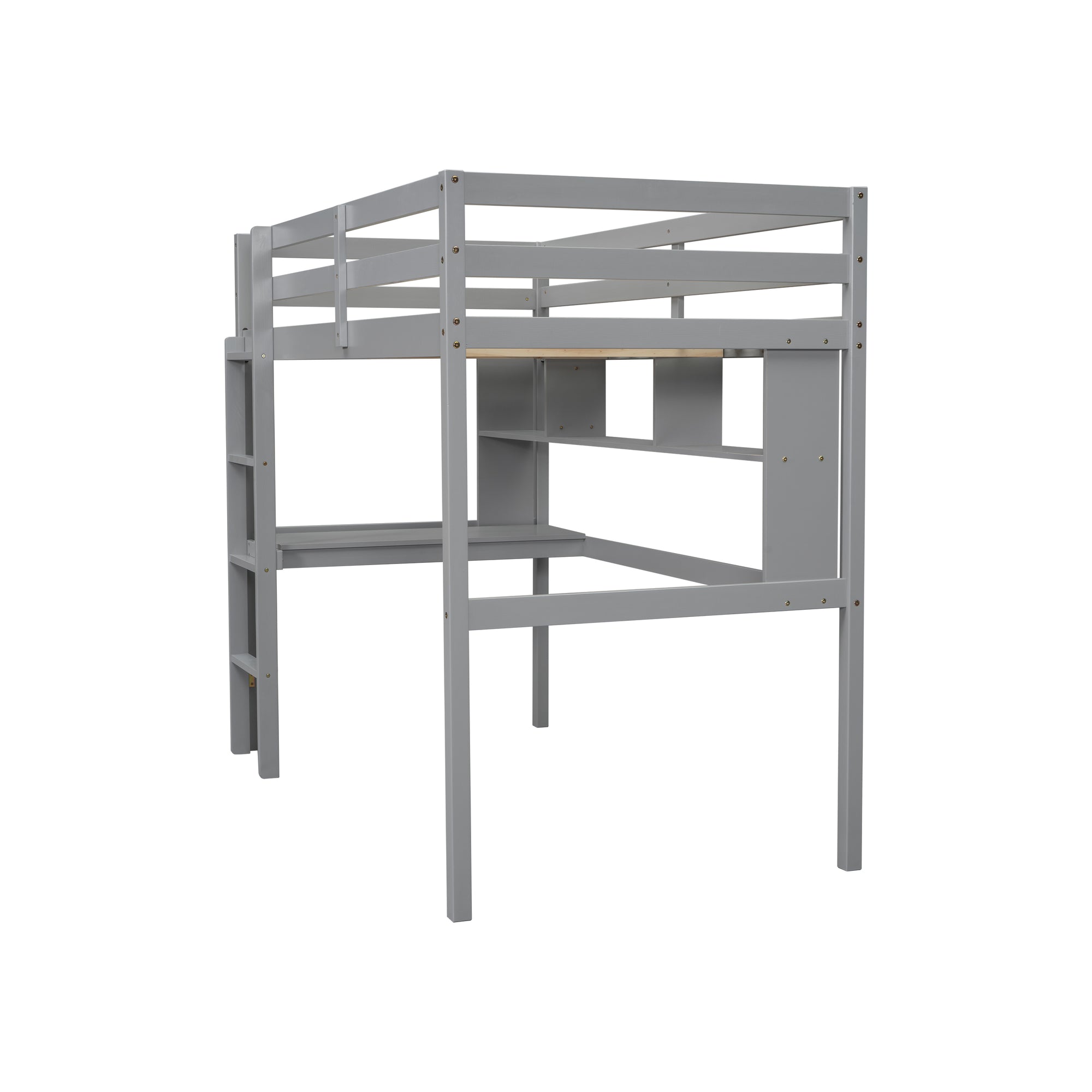 Gray Twin Loft Bed with Desk, Bookcase, and Safety Guardrail