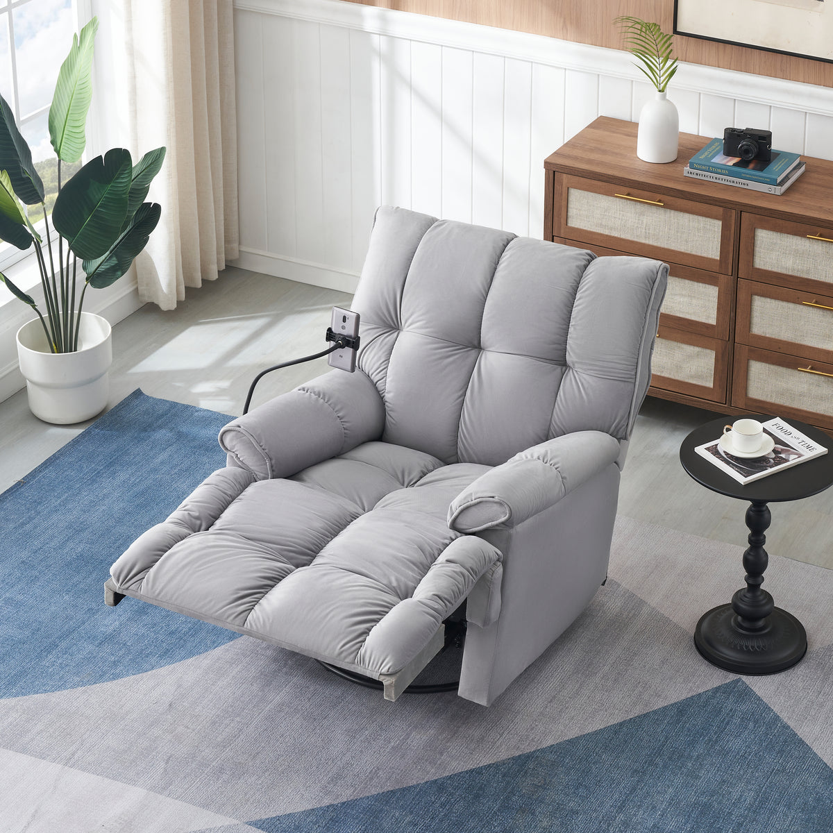 Gray Velvet Convertible Recliner Sofa Chair With Phone Holder