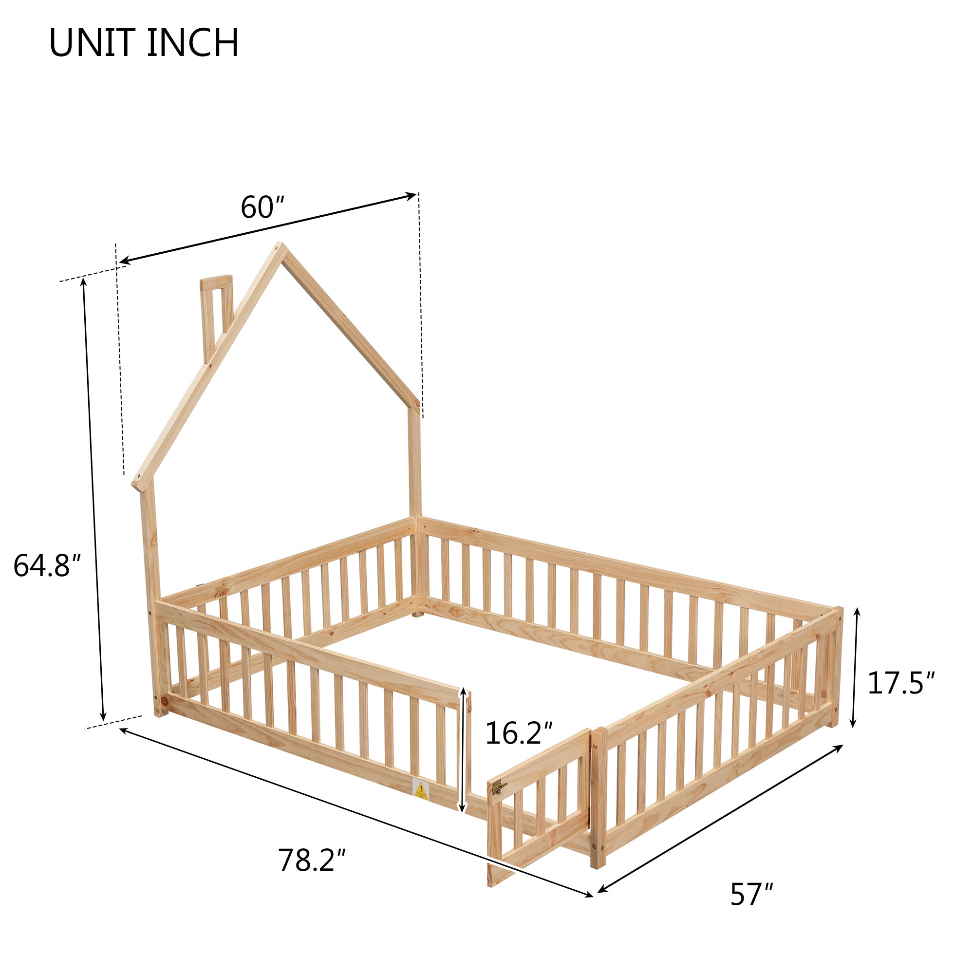 Natural Tone Full House-Shaped Headboard Floor Bed with Fence