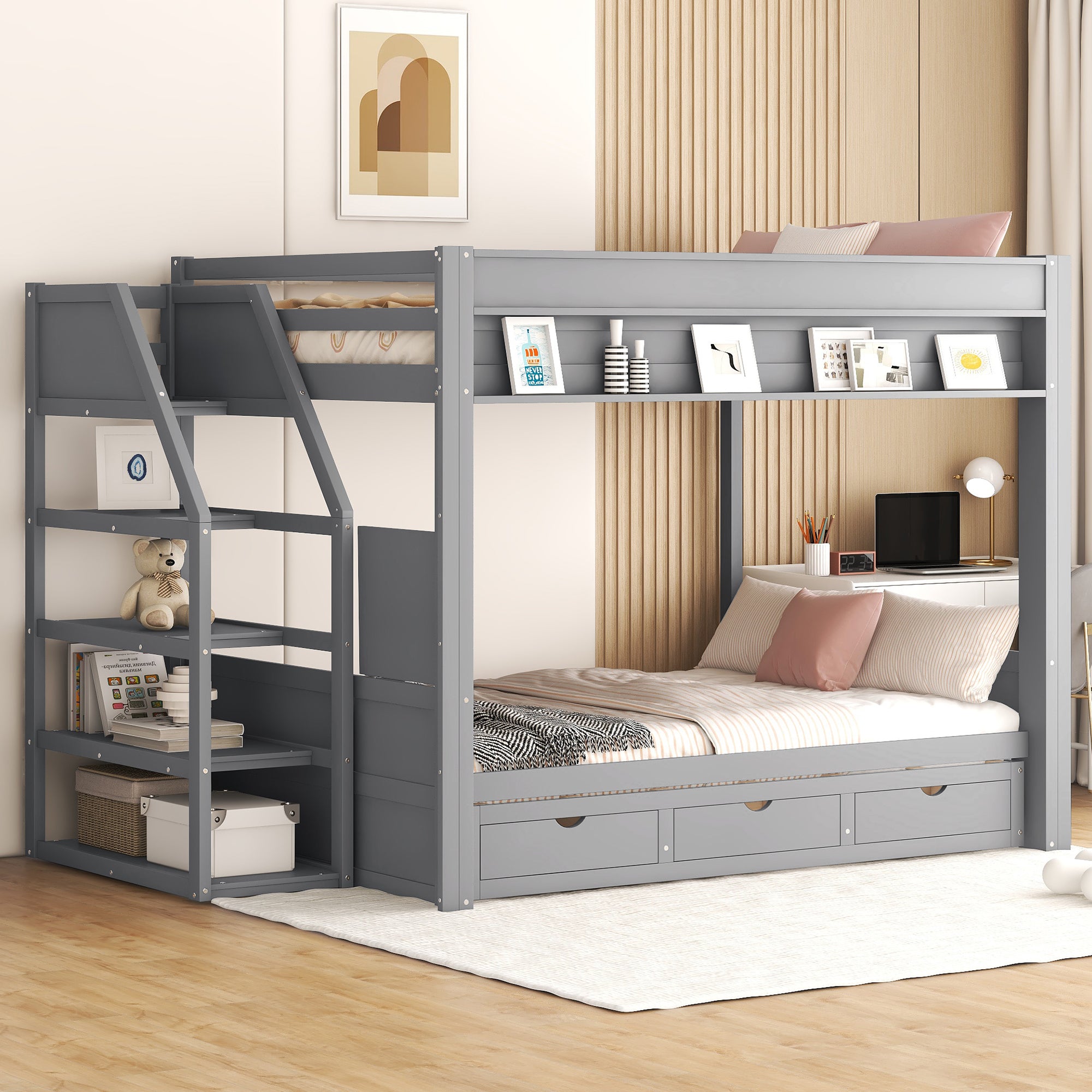 Wood Full Size Convertible Bunk Bed with Storage Staircase and 3 Drawers In Gray