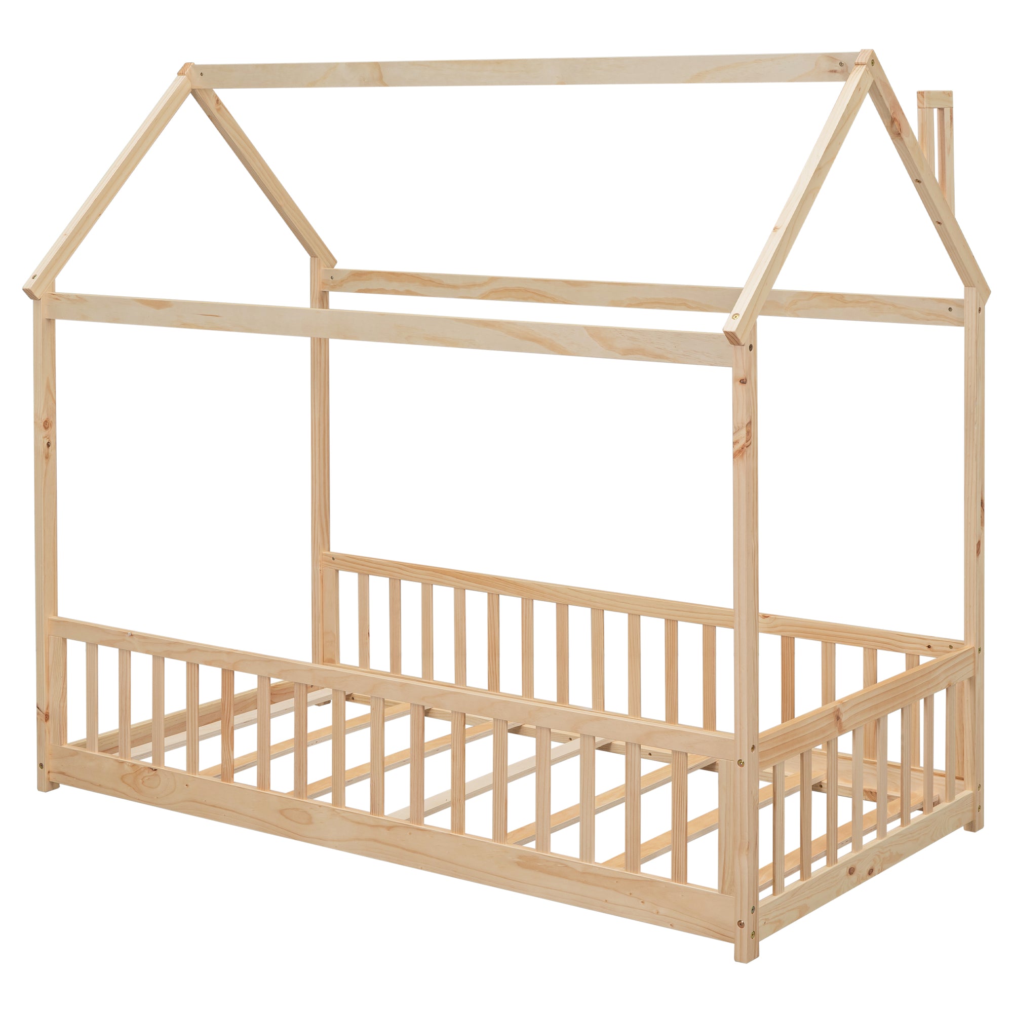 Natural Pine Frame Twin House Bed with Guardrails