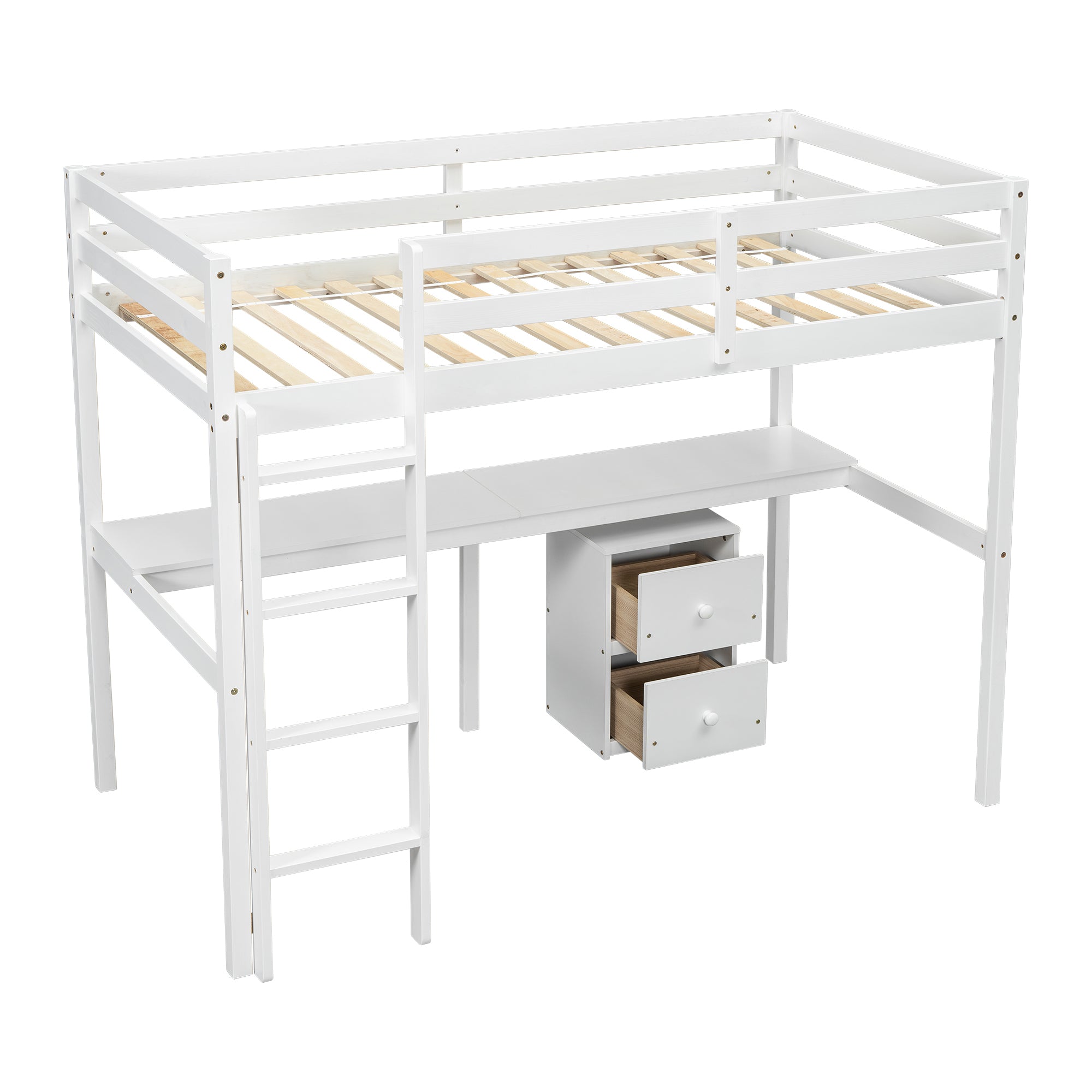 White Twin Loft Bed with Built-in Desk, Storage Cabinet, Guardrails & Ladder