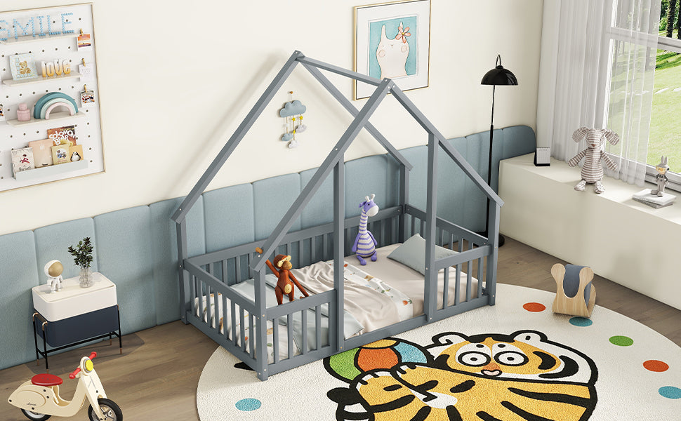 Twin Wood House-Shaped Toddler Floor Bed with Fence & Guardrails in Gray