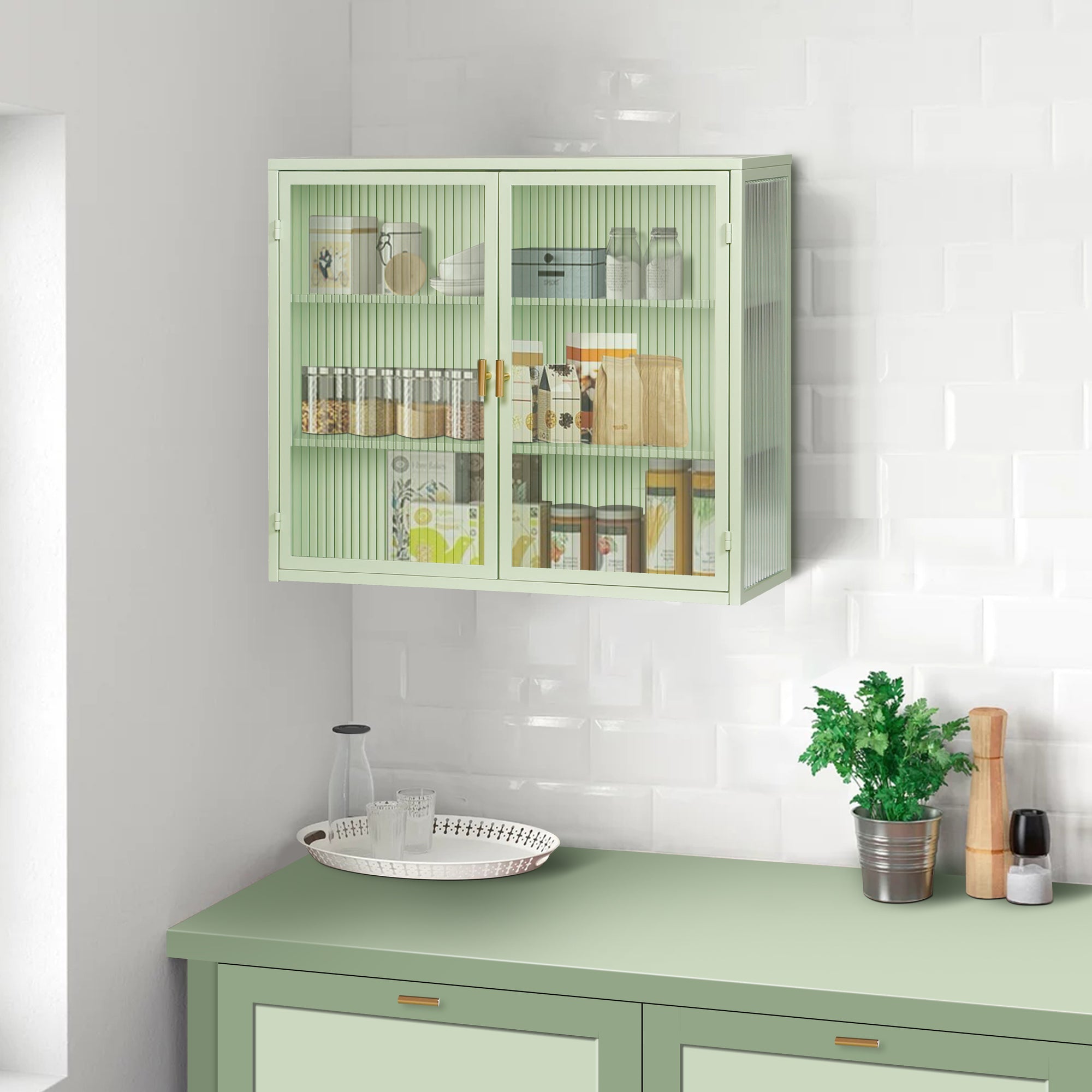 27.56 Glass Doors Modern Two-Door Wall Cabinet Featuring Three-Tier Storage In Mint Green