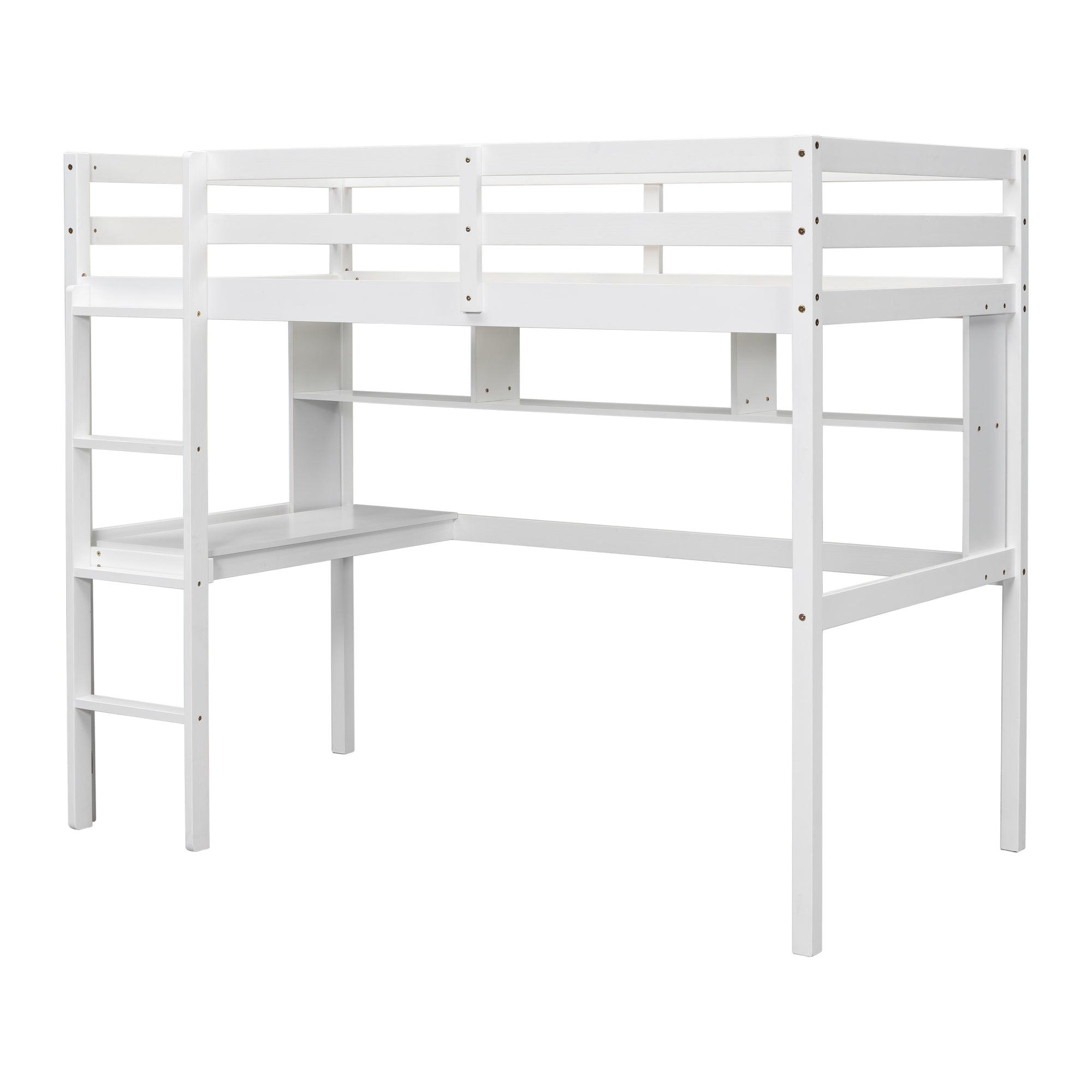 Twin Size Loft Bed For Kids with Desk, Shelves, Safety Guardrail & Ladder