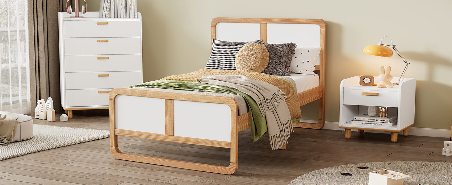 Twin Wooden Bed with White & Walnut Finish