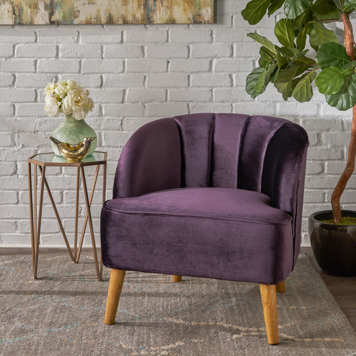 Blackberry Velvet Club Chair with Birch Wood Legs