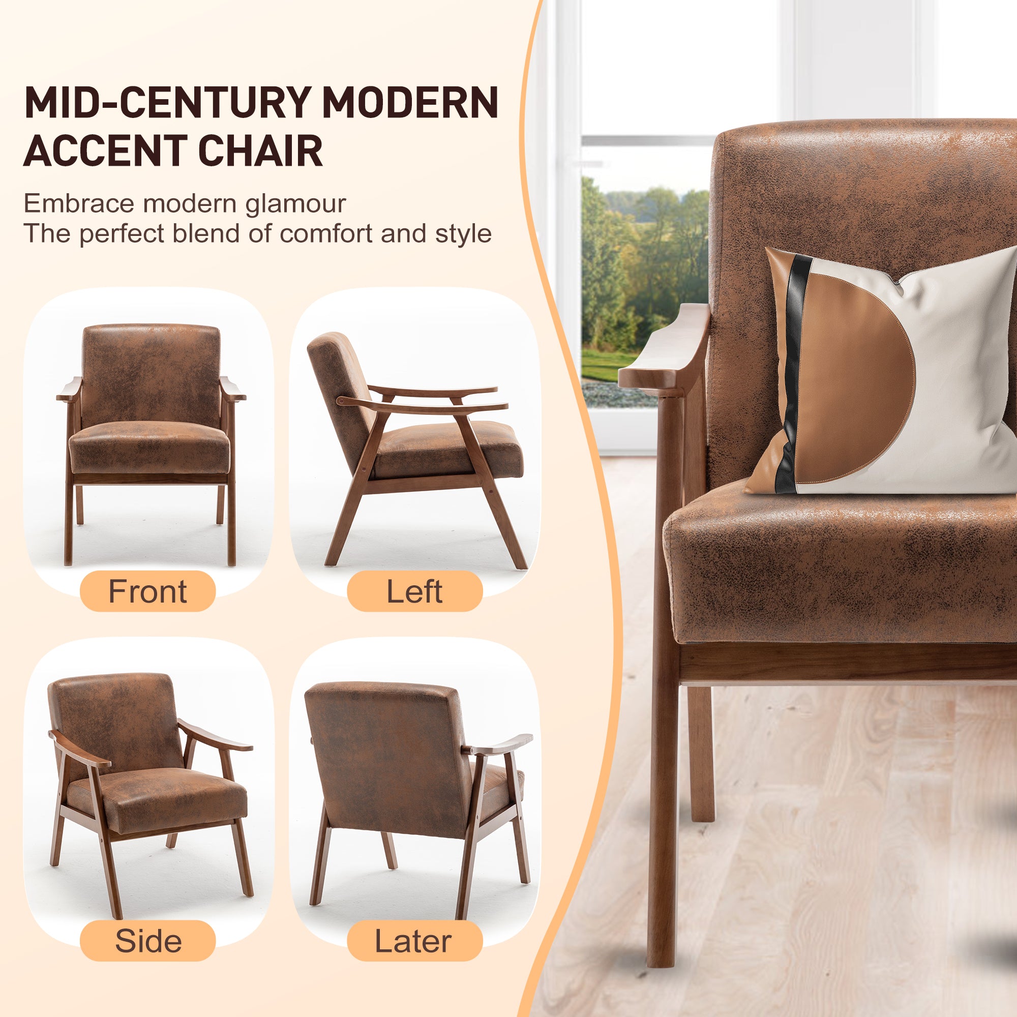 Mid-Century Modern Accent Chair - Solid Wood Frame, Extra-Thick Backrest, Ideal for Living Room, Bedroom, or Reading Room