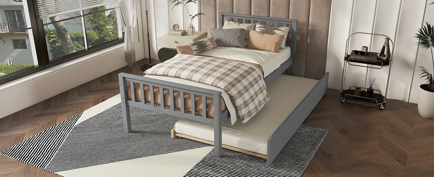 Gray Twin Platform Bed with Trundle, Headboard and Footboard