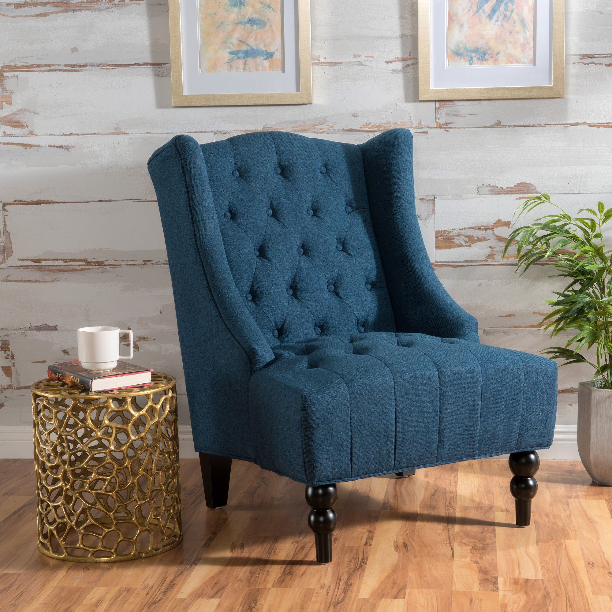 Upholstered Wingback Chair In Navy Blue Linen