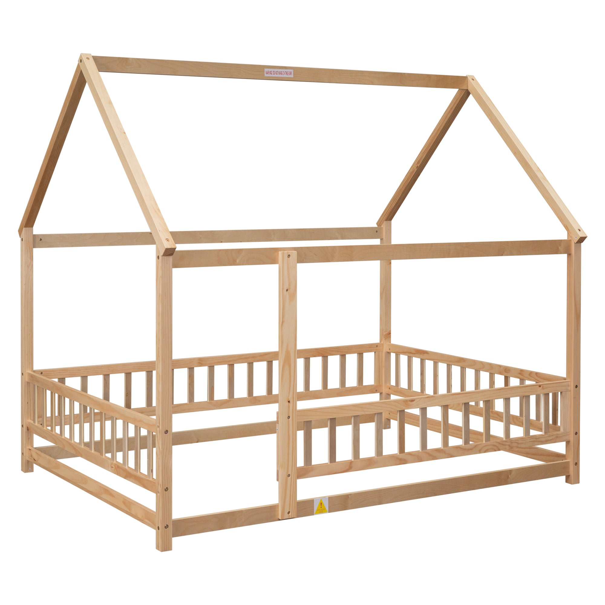 Natural Full Size Floor Wooden Toddler Floor Bed with House Roof Frame and Fence Guardrails