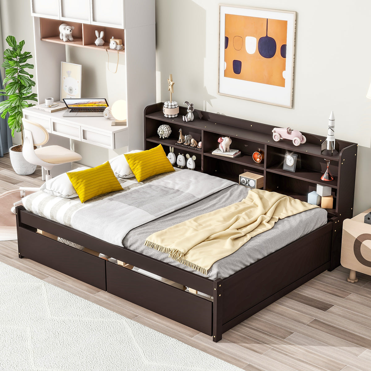 Full Bed with Side Bookcase &amp; Storage Drawers in Espresso