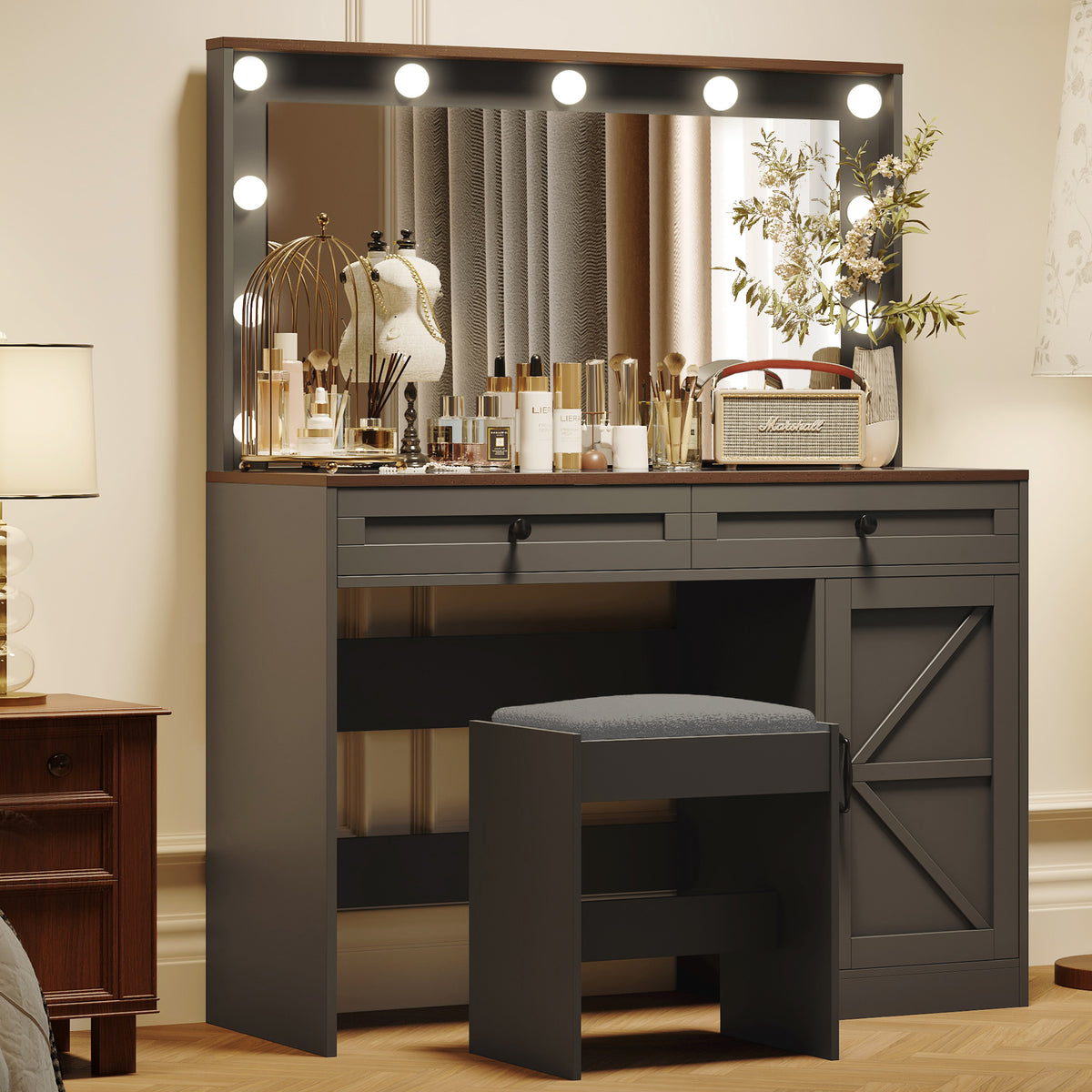 43.4 Makeup Vanity Table with Large Mirror and LED Lights Adjustable Brightness Dressing Table with 3 Drawers In Black