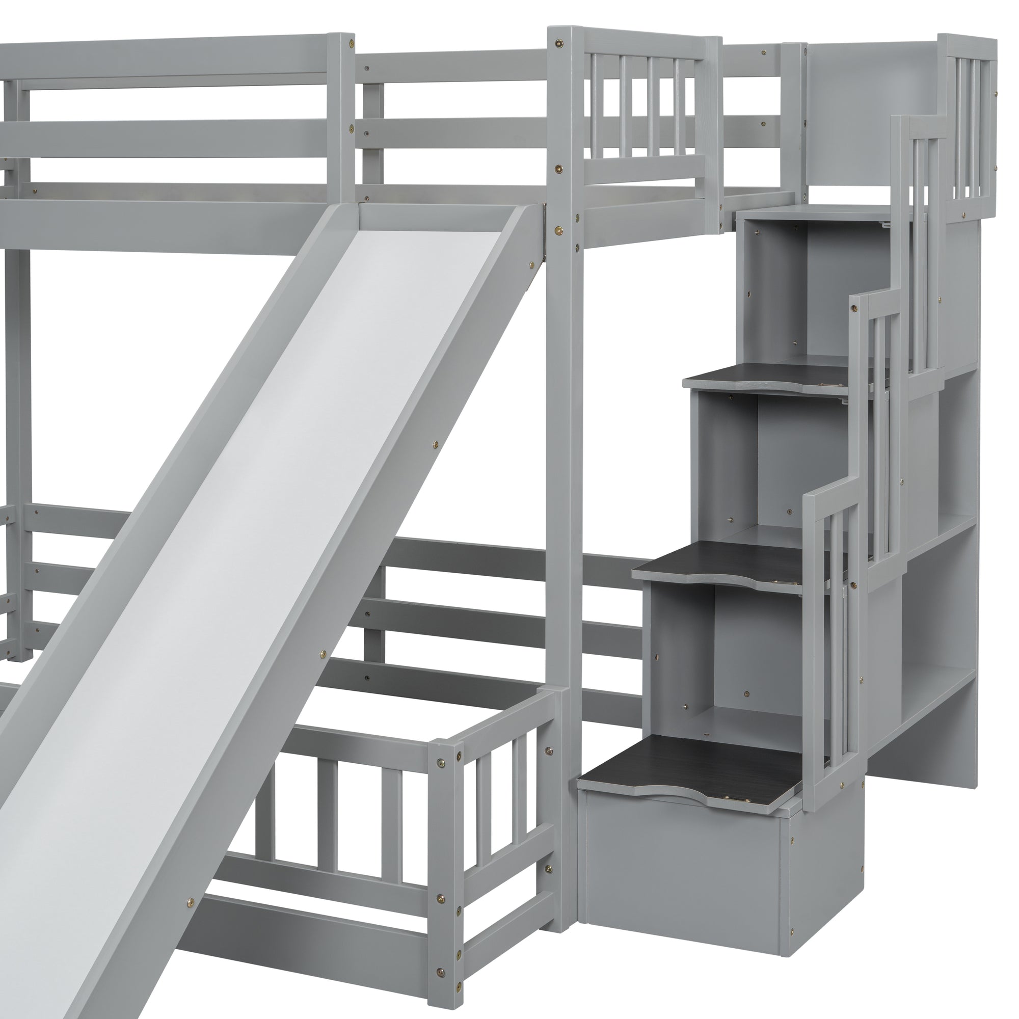 Twin Over Full Bunk Bed with Slide and Storage Staircase