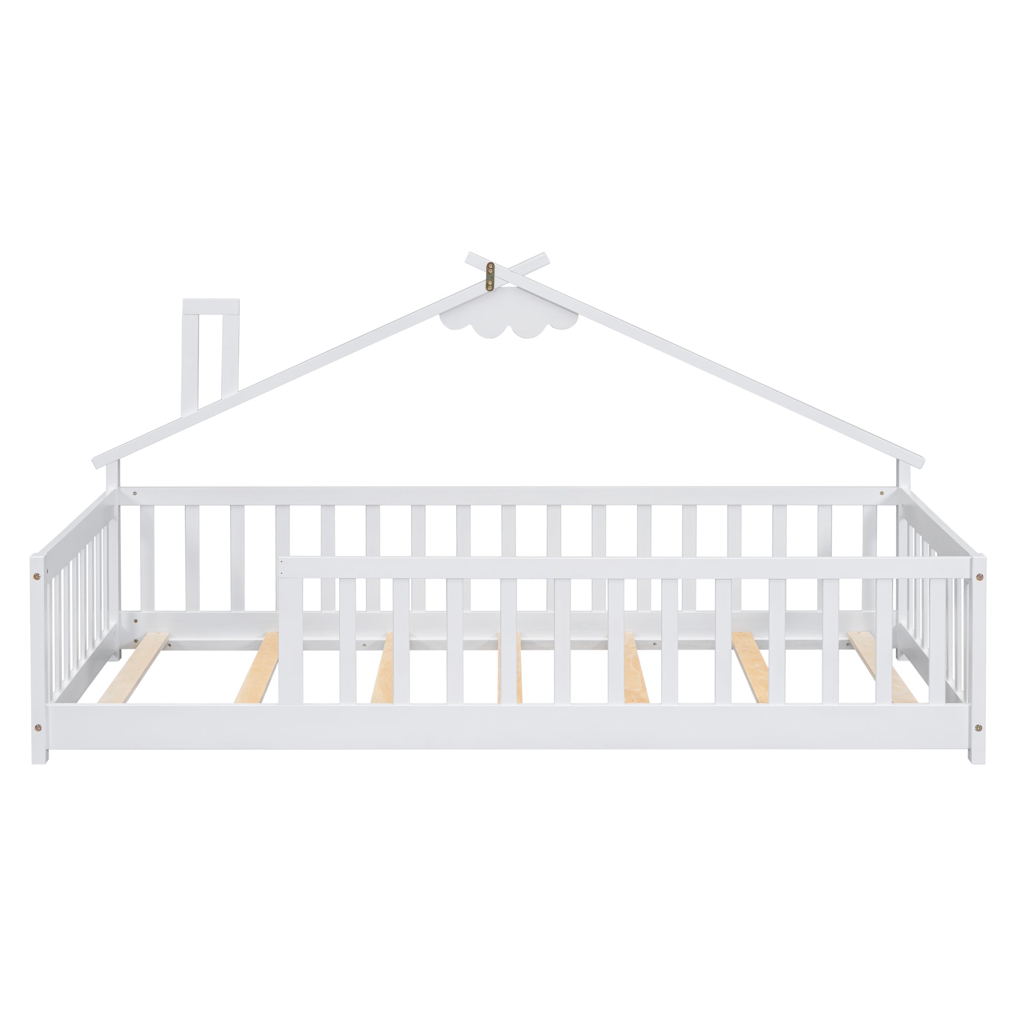 Twin House-Shaped Toddler Floor Bed with Guardrails and Slats