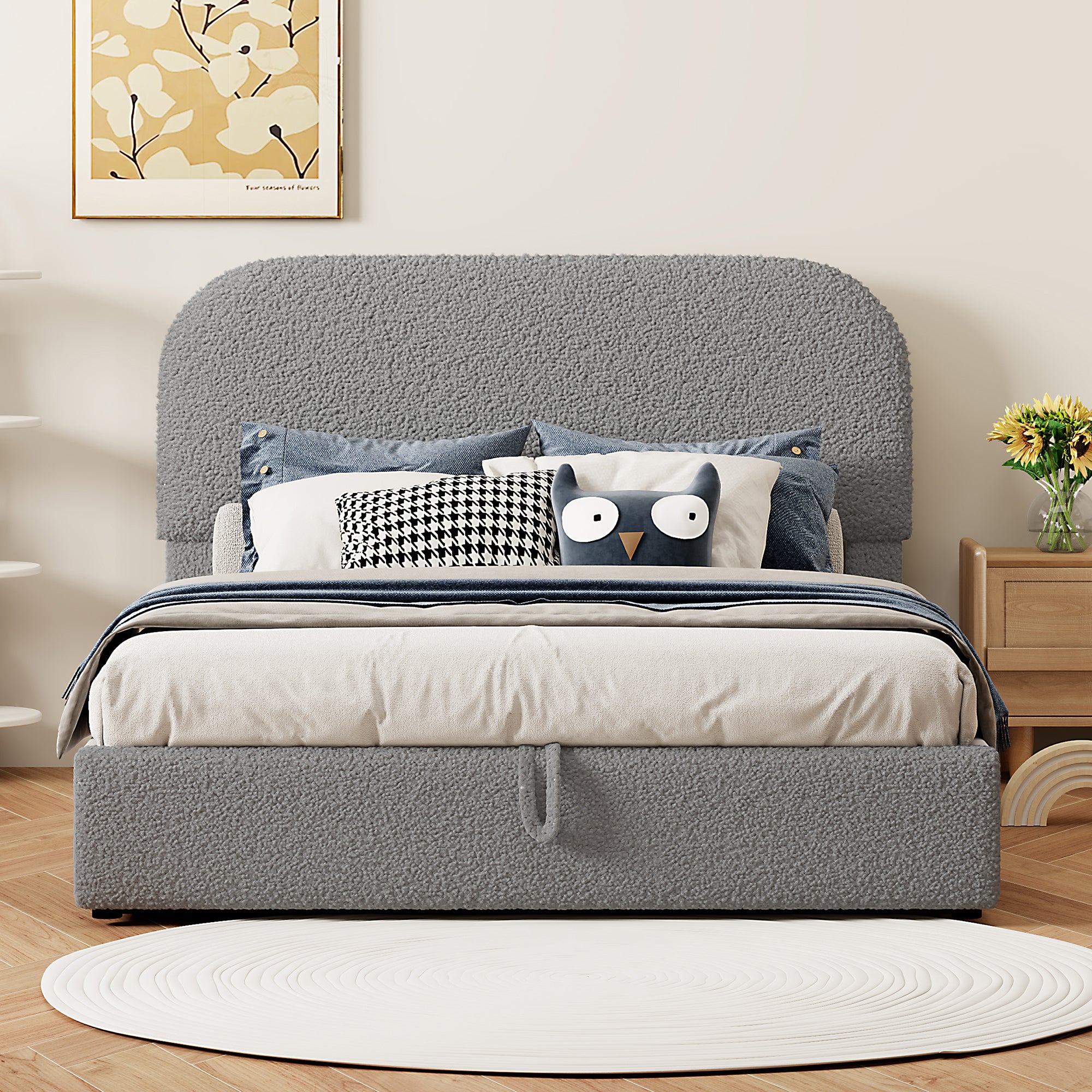 Full Size Teddy Fleece Upholstered Lift-Up Bed with Under Storage & Curved Headboard in Gray