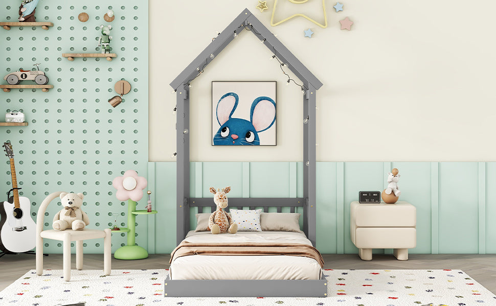 Gray Twin House-Shaped Roof Headboard Toddler Floor Bed