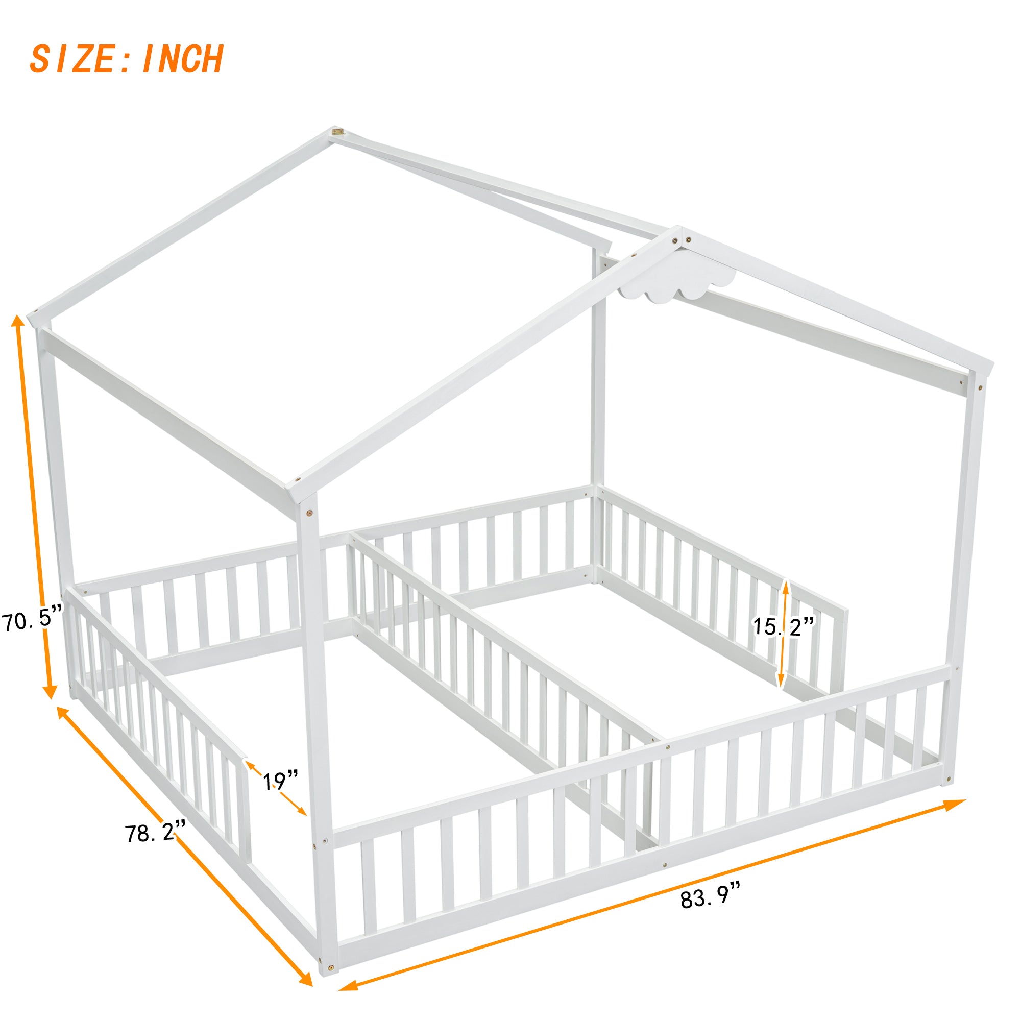 White Double Twin House-Style Toddler Floor Bed with Fence & Guardrails