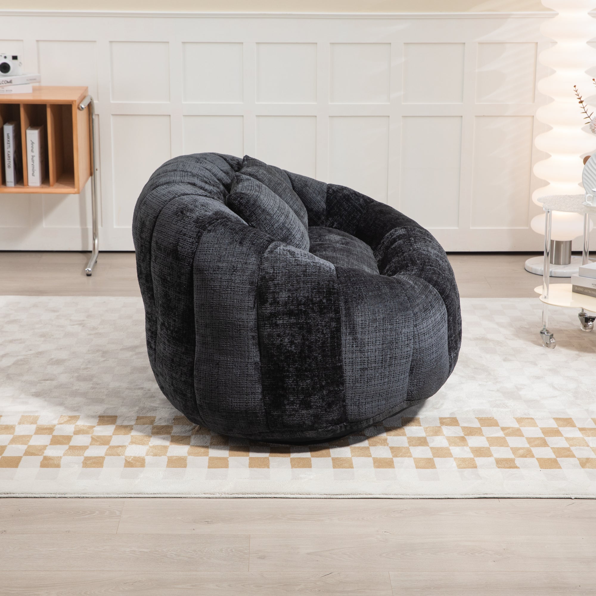 Comfortable High-Back Bean Bag Sofa in Black Chenille