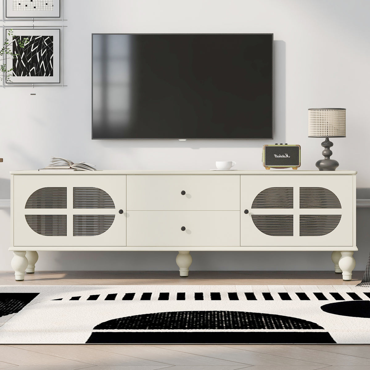 Modern TV Stand for TVs Up to 75 Inches with Fluted Glass Doors and Solid Wood Legs In Antique White