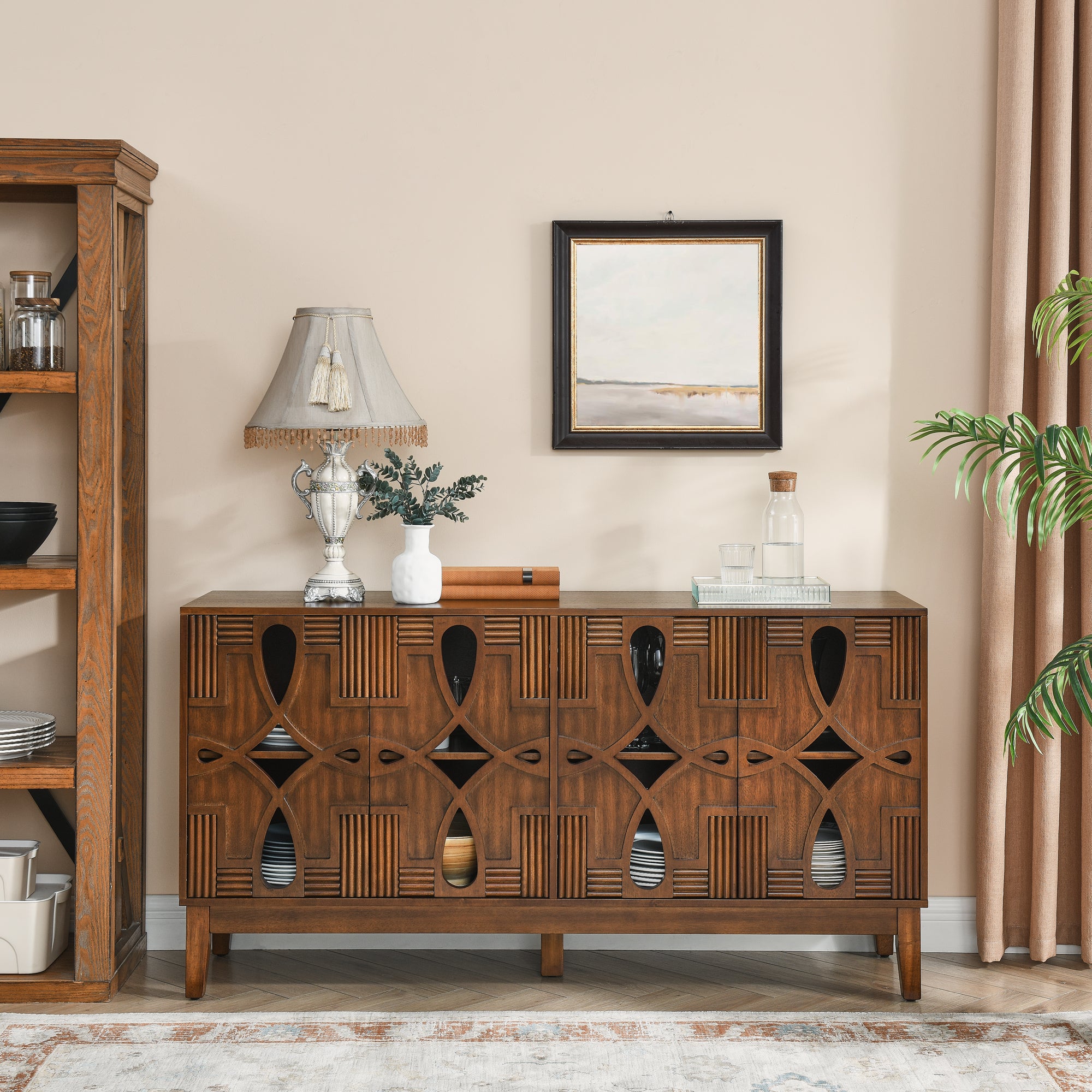 60.5 Mid Century Modern Sideboard Buffet Cabinet with Storage and Adjustable Shelves In Walnut