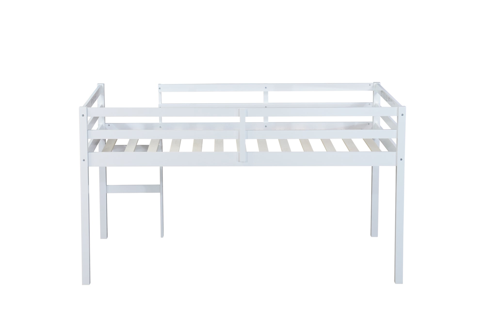 White Rubber Wood Frame Twin Loft Bed with Ladder and Storage Space