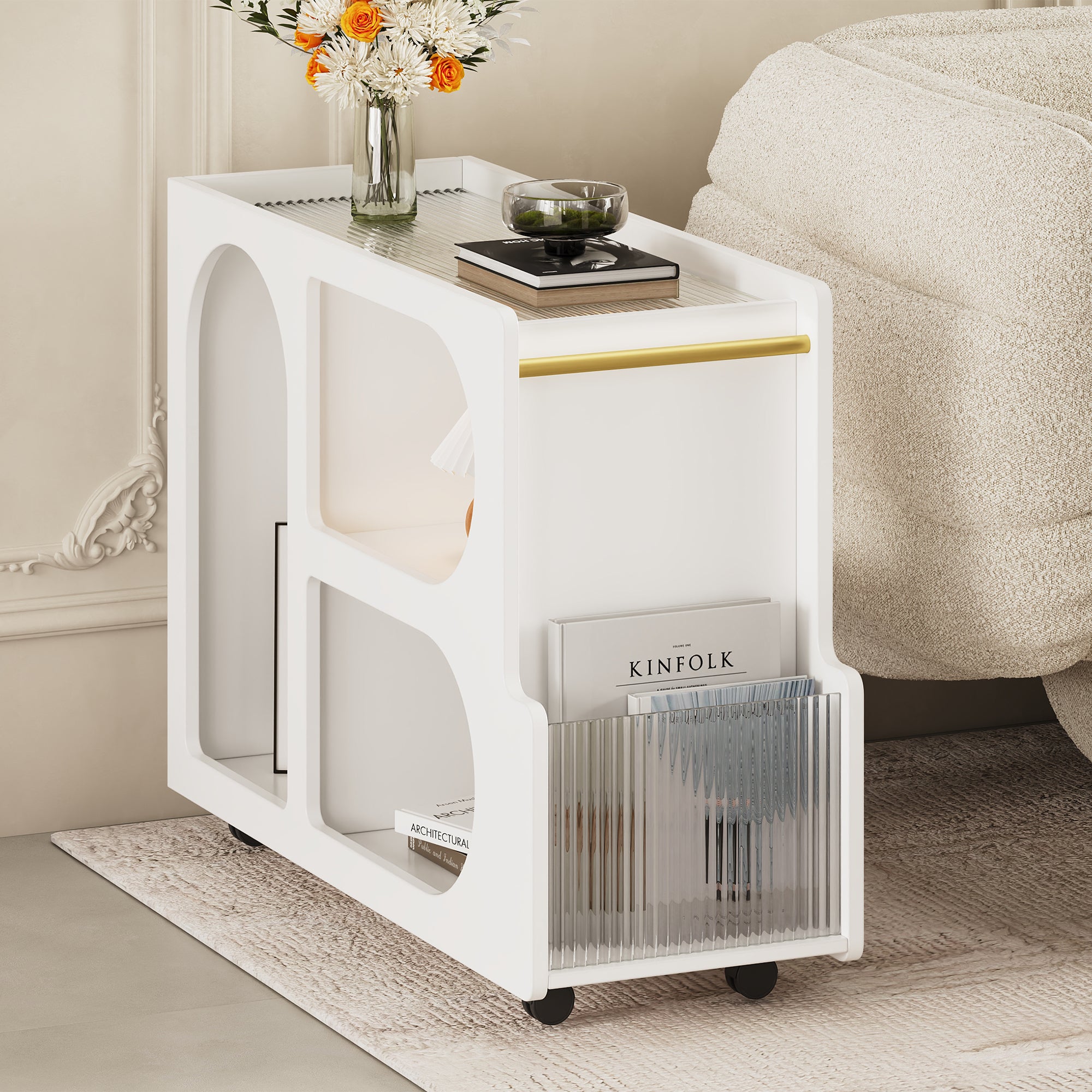 Mobile End Table with Lockable Wheels and Fluted Glass In White