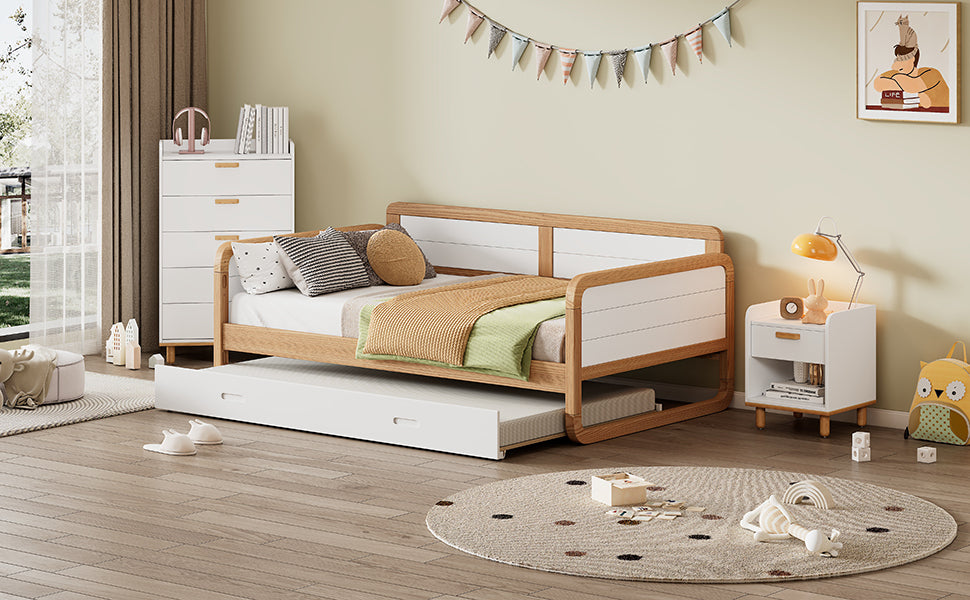 Twin Modern Daybed with Trundle in White & Walnut