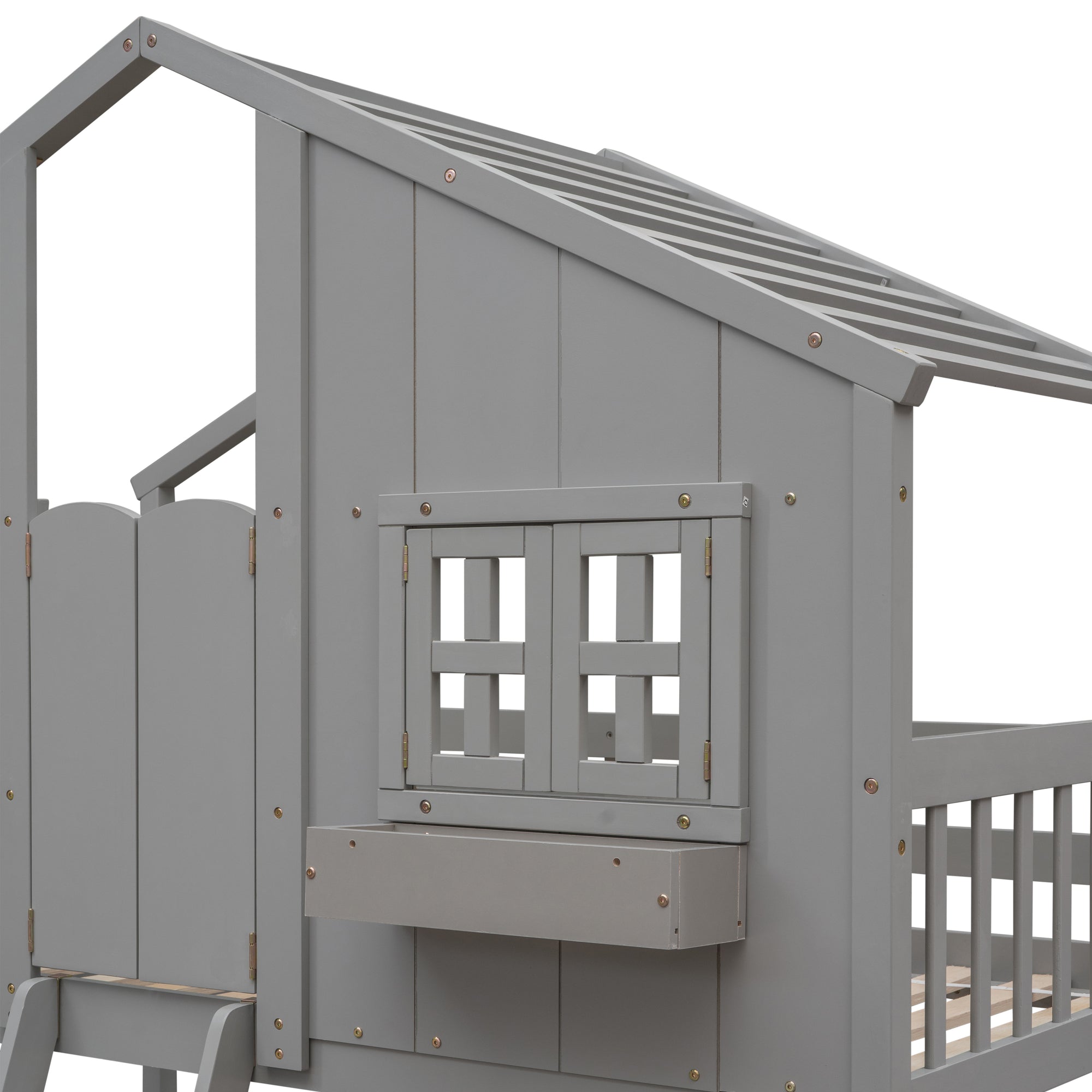 Gray Twin Over Twin House Bunk Bed with Roof, Windows, and Door