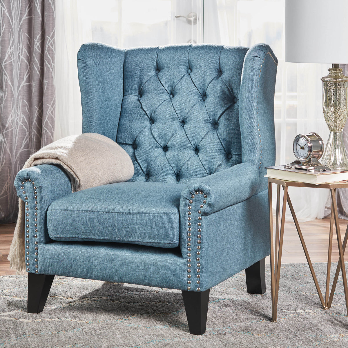 Antique-Styled Blue Tufted Armchair