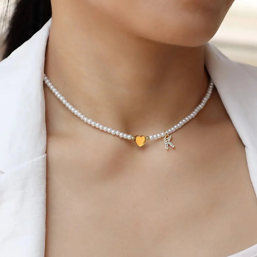 Dainty beaded heart initial necklace 123683