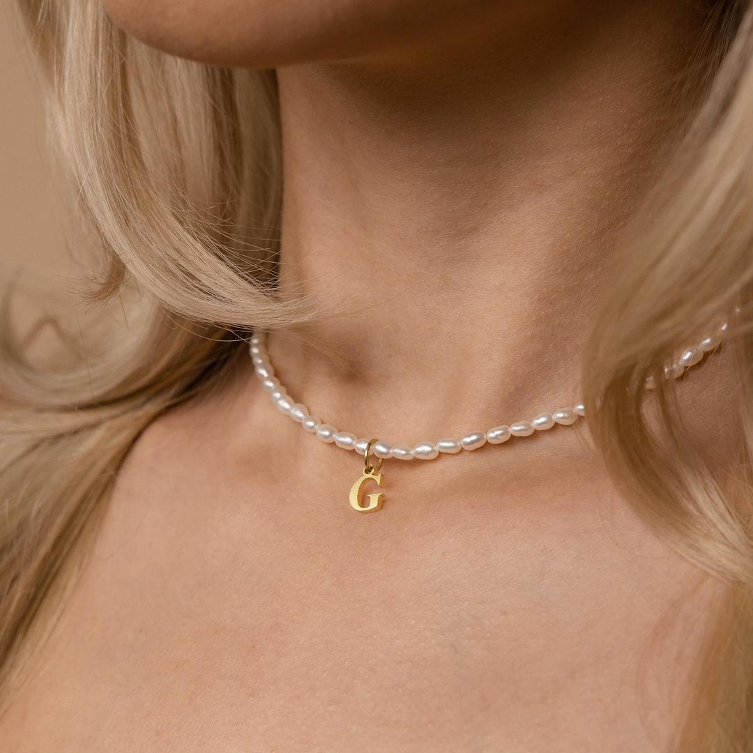 Dainty beaded pearl initial necklace