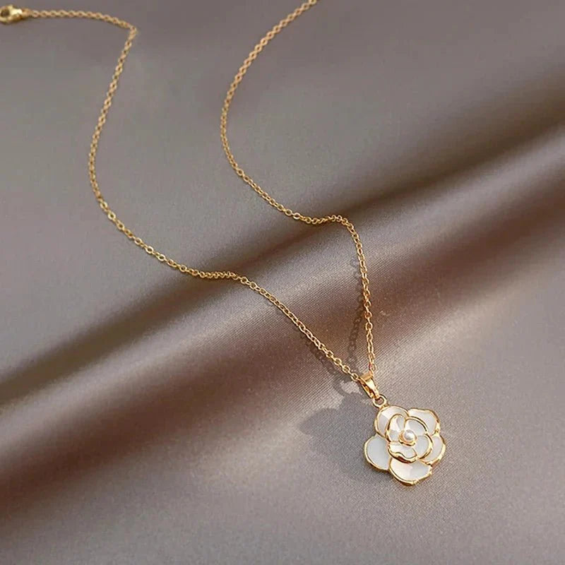 Dainty blanc camellia floral necklace earrings ring jewelry set 294141