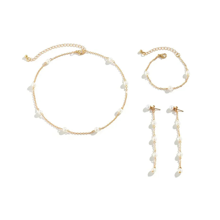 Dainty chain pearl bracelet necklace and earring set 457311