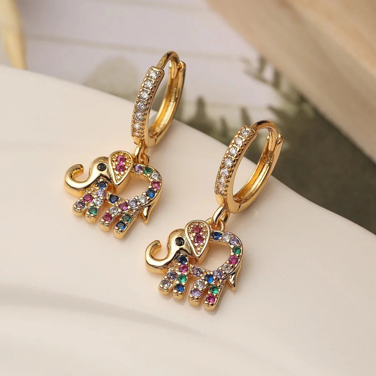 Dainty colorful diamond elephant outline earrings 518540