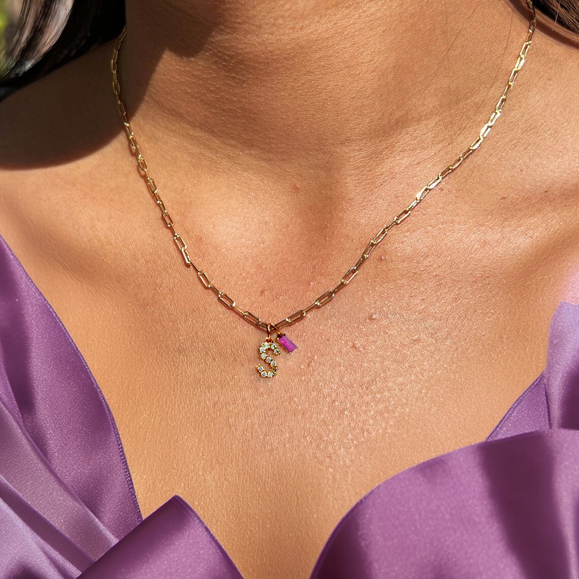 Dainty diamond letter initial birthstone paperclip chain necklace 663844